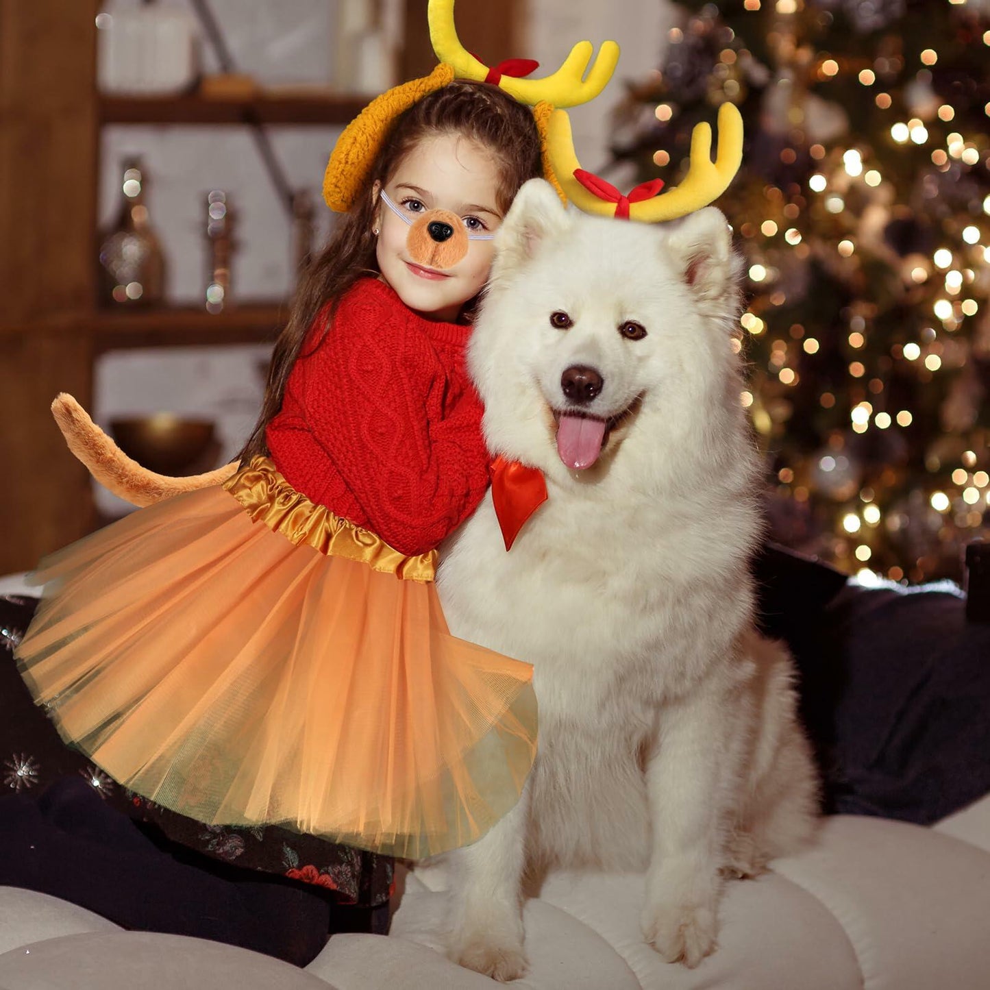 [Like New] PAJXNJC Deer Antler Headband Dog Ears Nose Bow Tie Tail Yellow Party Set