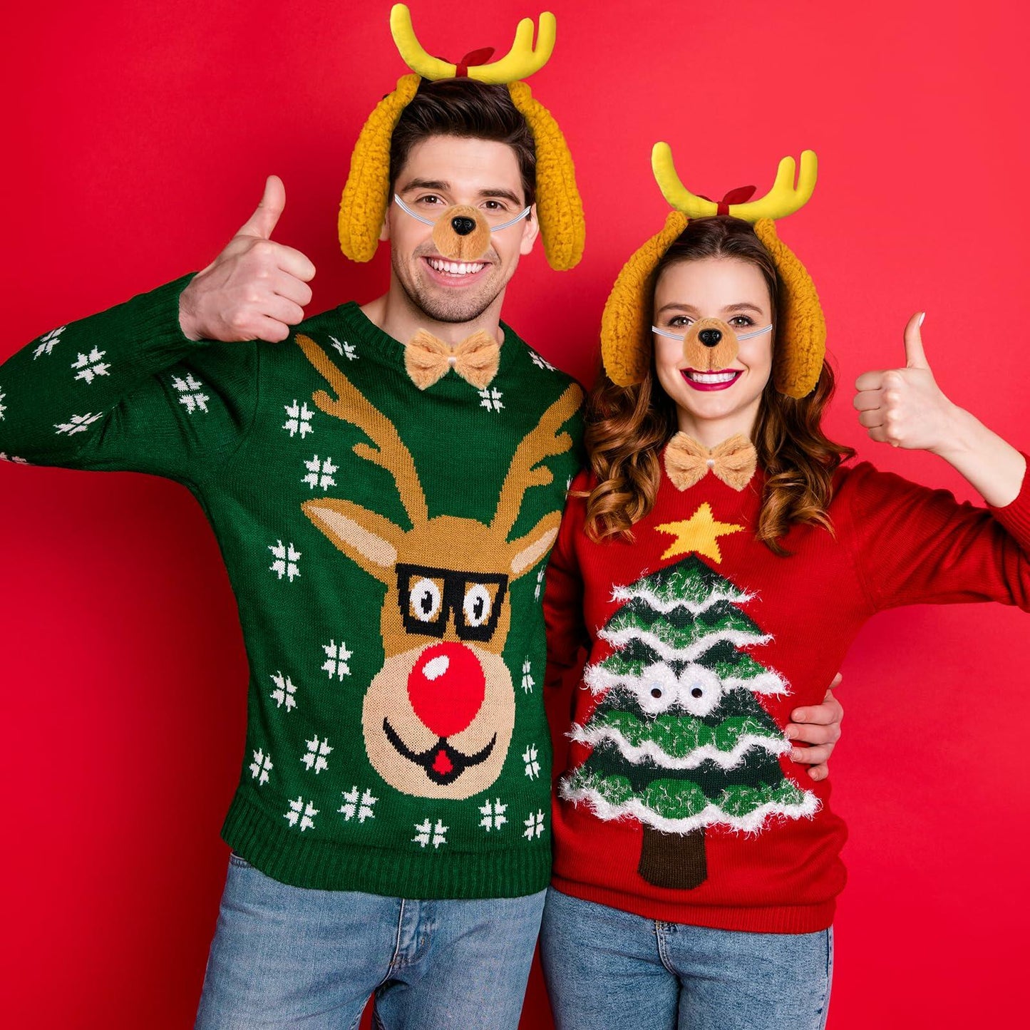 [Like New] PAJXNJC Deer Antler Headband Dog Ears Nose Bow Tie Tail Yellow Party Set