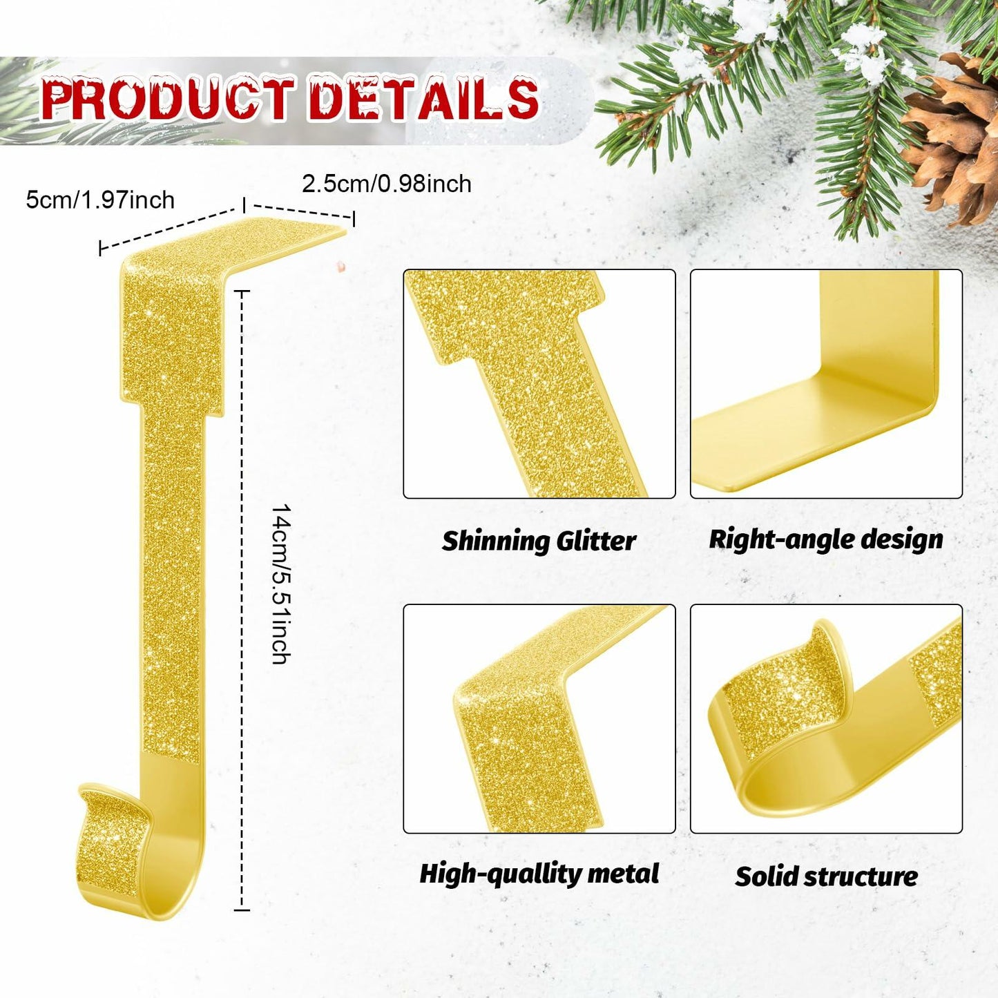 Tandefio 12 Pack Glitter Christmas Stocking Holder Hangers Gold Mantel Hooks