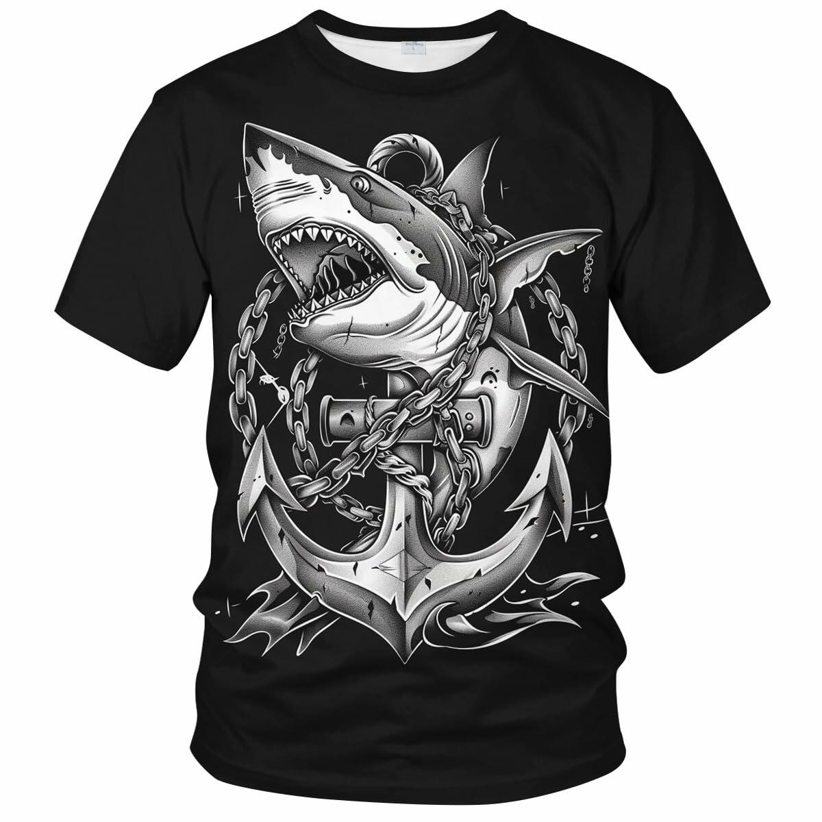 Faiwvhe Men's Creative Shark Graphic T-Shirt Black 2XL Size 2XL