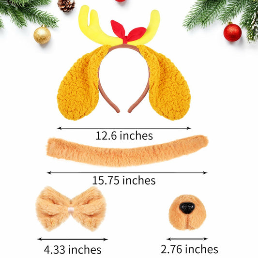 [Like New] PAJXNJC Deer Antler Headband Dog Ears Nose Bow Tie Tail Yellow Party Set