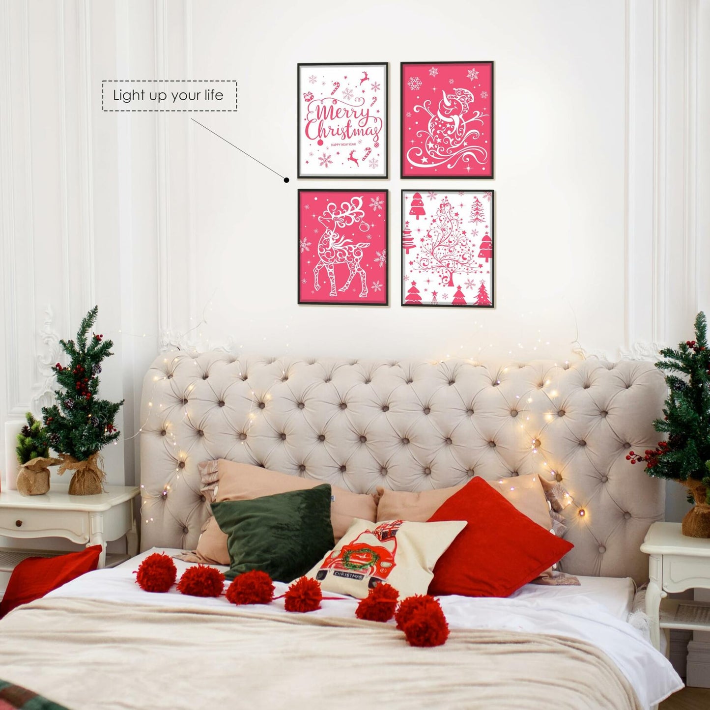 BESERH Pink Christmas Wall Decor Santa Reindeer Bells 8x10in Set of 4