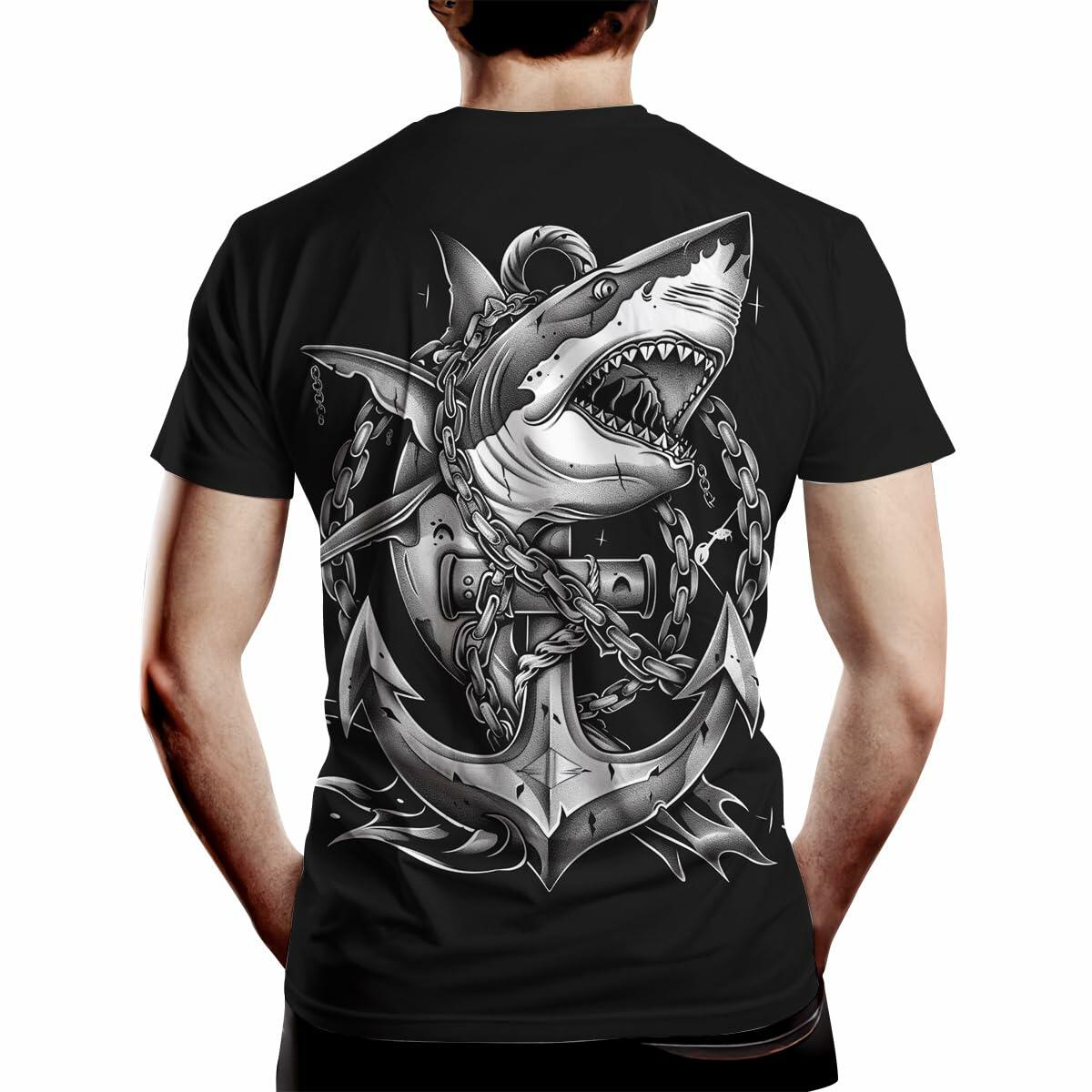 Faiwvhe Men's Creative Shark Graphic T-Shirt Black 2XL Size 2XL