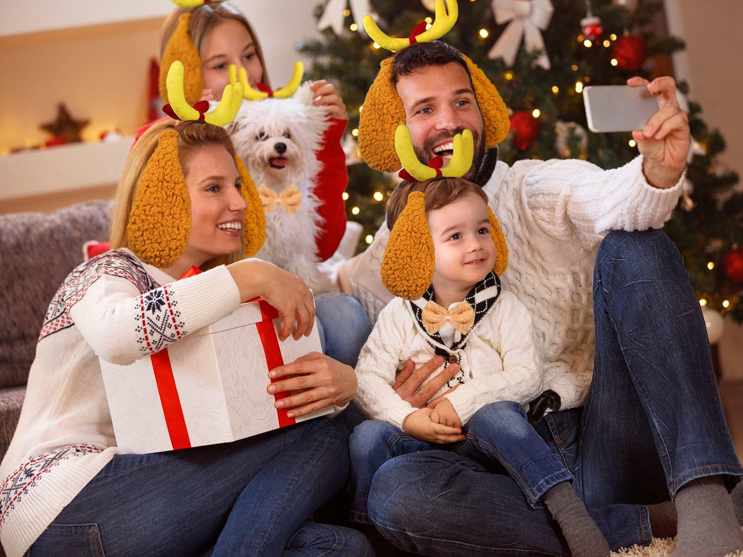 [Like New] PAJXNJC Deer Antler Headband Dog Ears Nose Bow Tie Tail Yellow Party Set