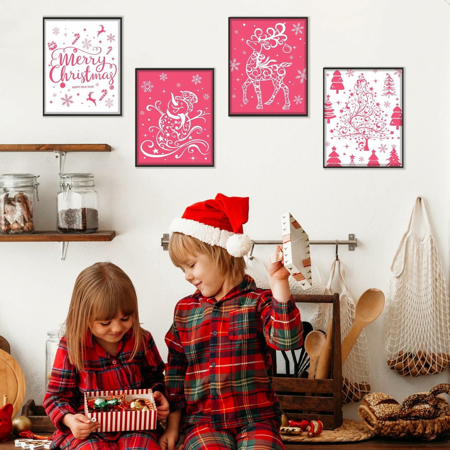 BESERH Pink Christmas Wall Decor Santa Reindeer Bells 8x10in Set of 4