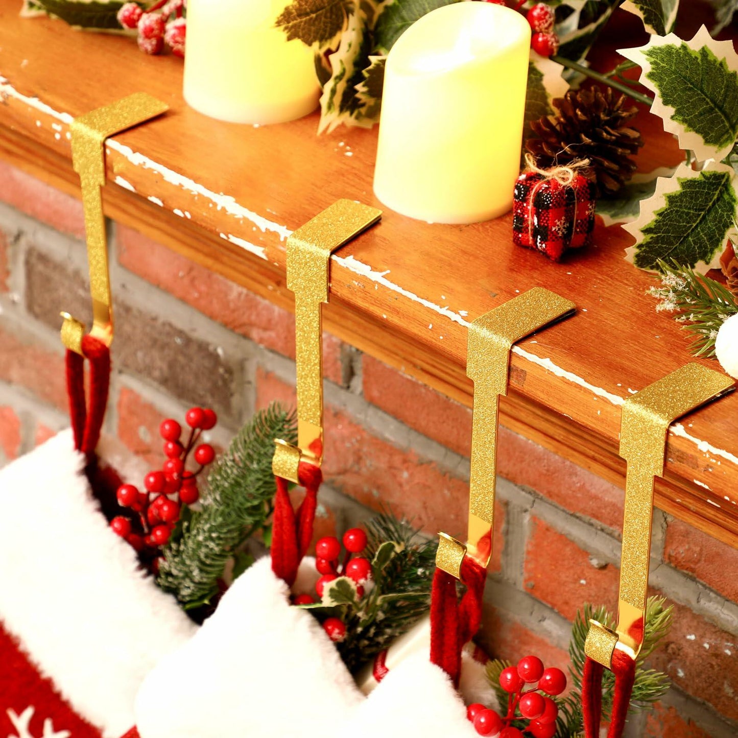 Tandefio 12 Pack Glitter Christmas Stocking Holder Hangers Gold Mantel Hooks