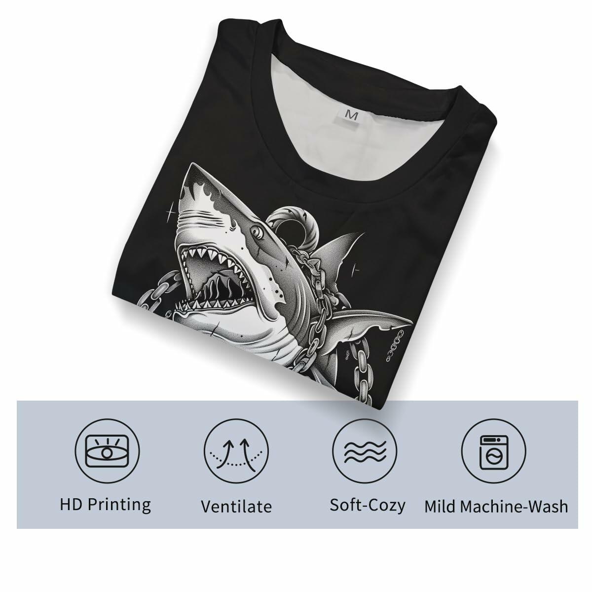Faiwvhe Men's Creative Shark Graphic T-Shirt Black 2XL Size 2XL