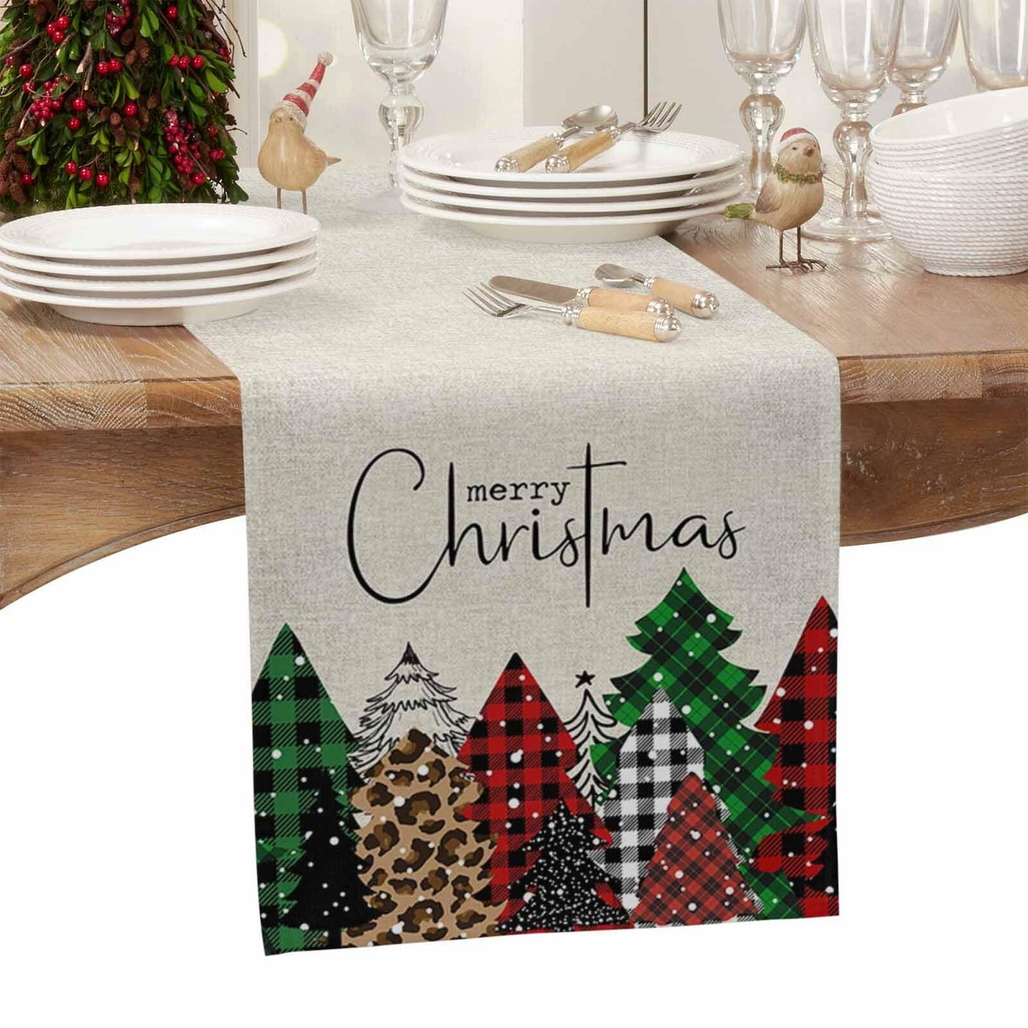 Merry Christmas Table Runner Buffalo Plaid Xmas Tree Cotton Linen 13x72 RedGreen