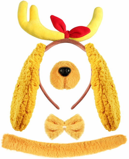 [Like New] PAJXNJC Deer Antler Headband Dog Ears Nose Bow Tie Tail Yellow Party Set