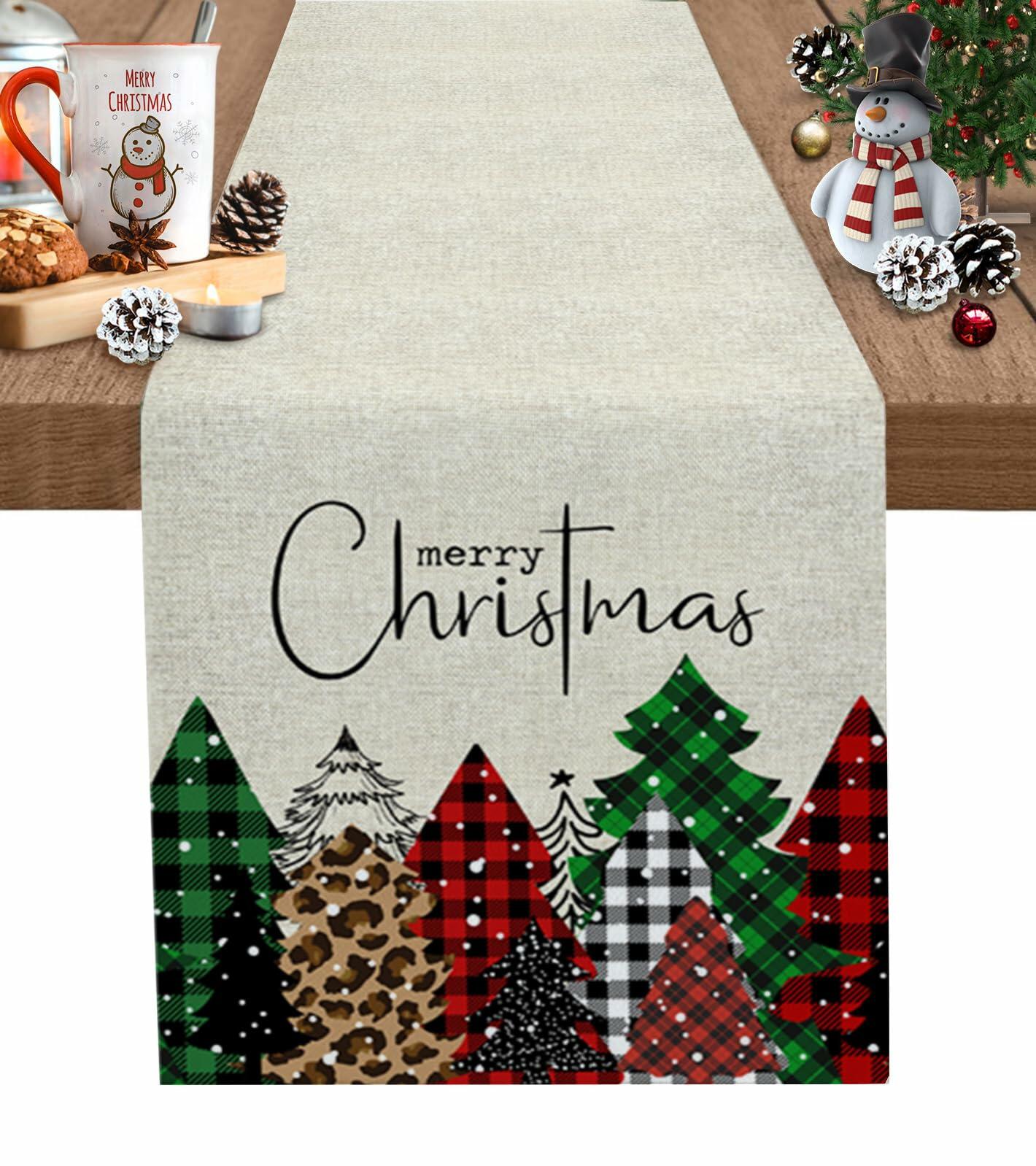 Merry Christmas Table Runner Buffalo Plaid Xmas Tree Cotton Linen 13x72 RedGreen