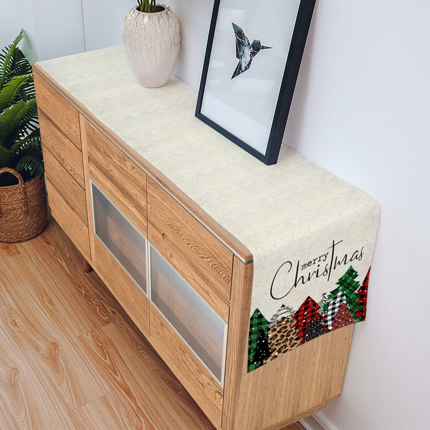 Merry Christmas Table Runner Buffalo Plaid Xmas Tree Cotton Linen 13x72 RedGreen