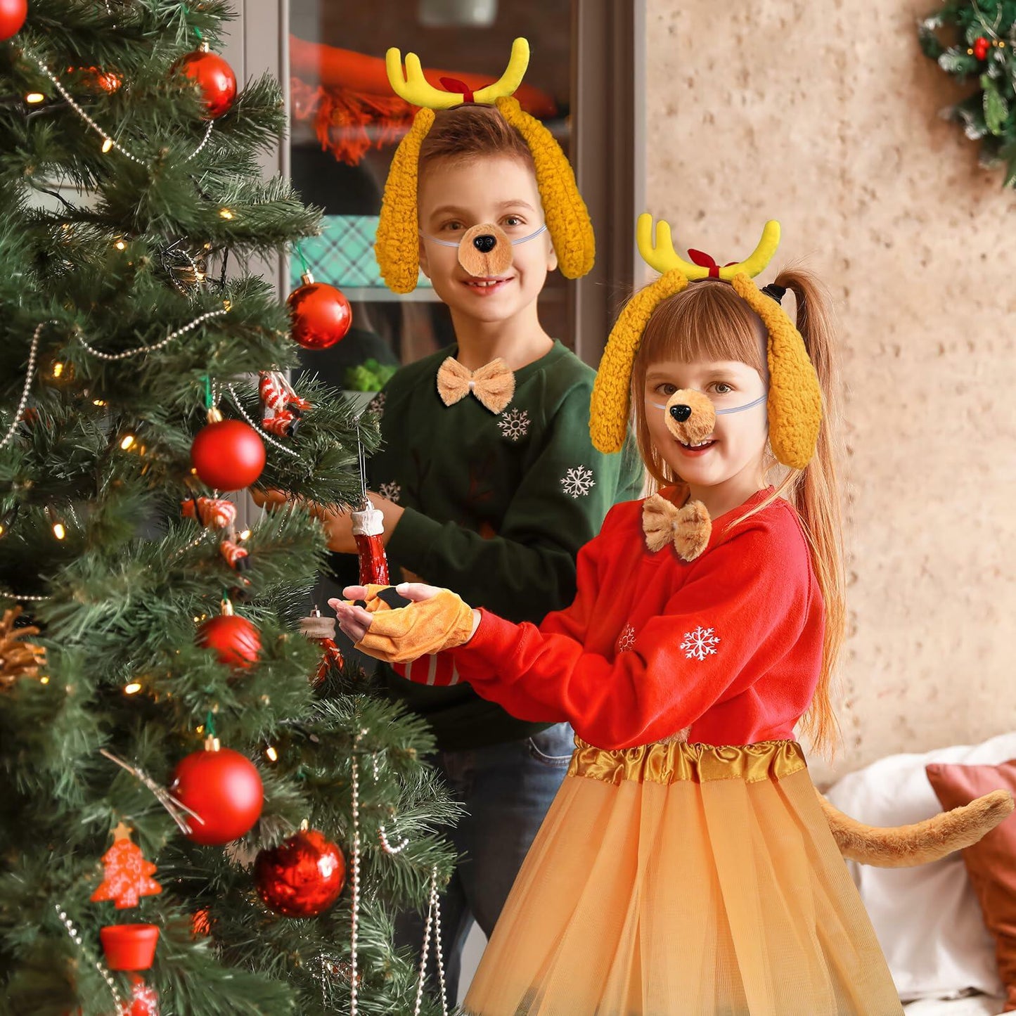 [Like New] PAJXNJC Deer Antler Headband Dog Ears Nose Bow Tie Tail Yellow Party Set