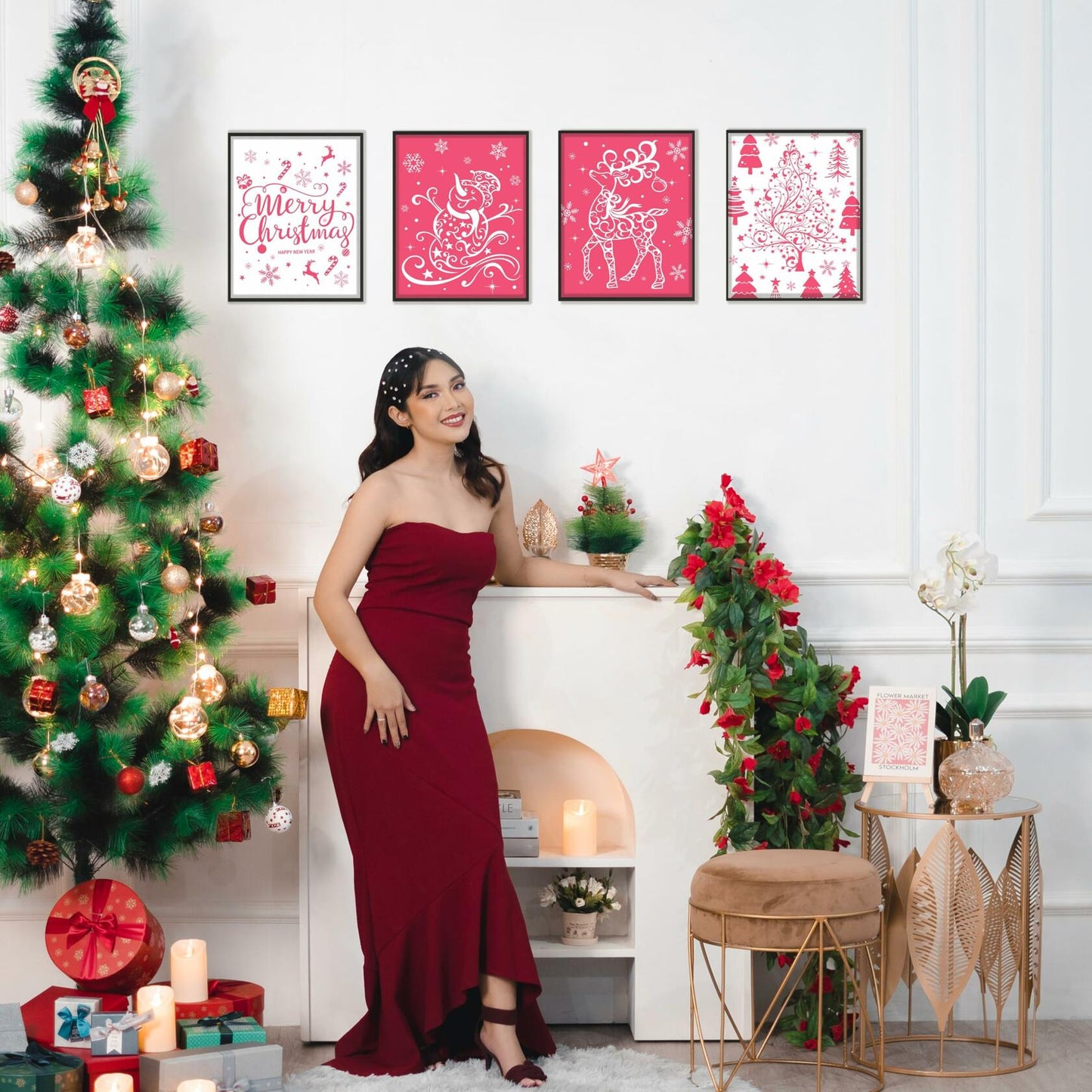 BESERH Pink Christmas Wall Decor Santa Reindeer Bells 8x10in Set of 4