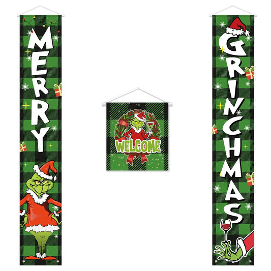 Griinchs Christmas Banner Set of 3 Indoor Outdoor Xmas Porch Wall Decor