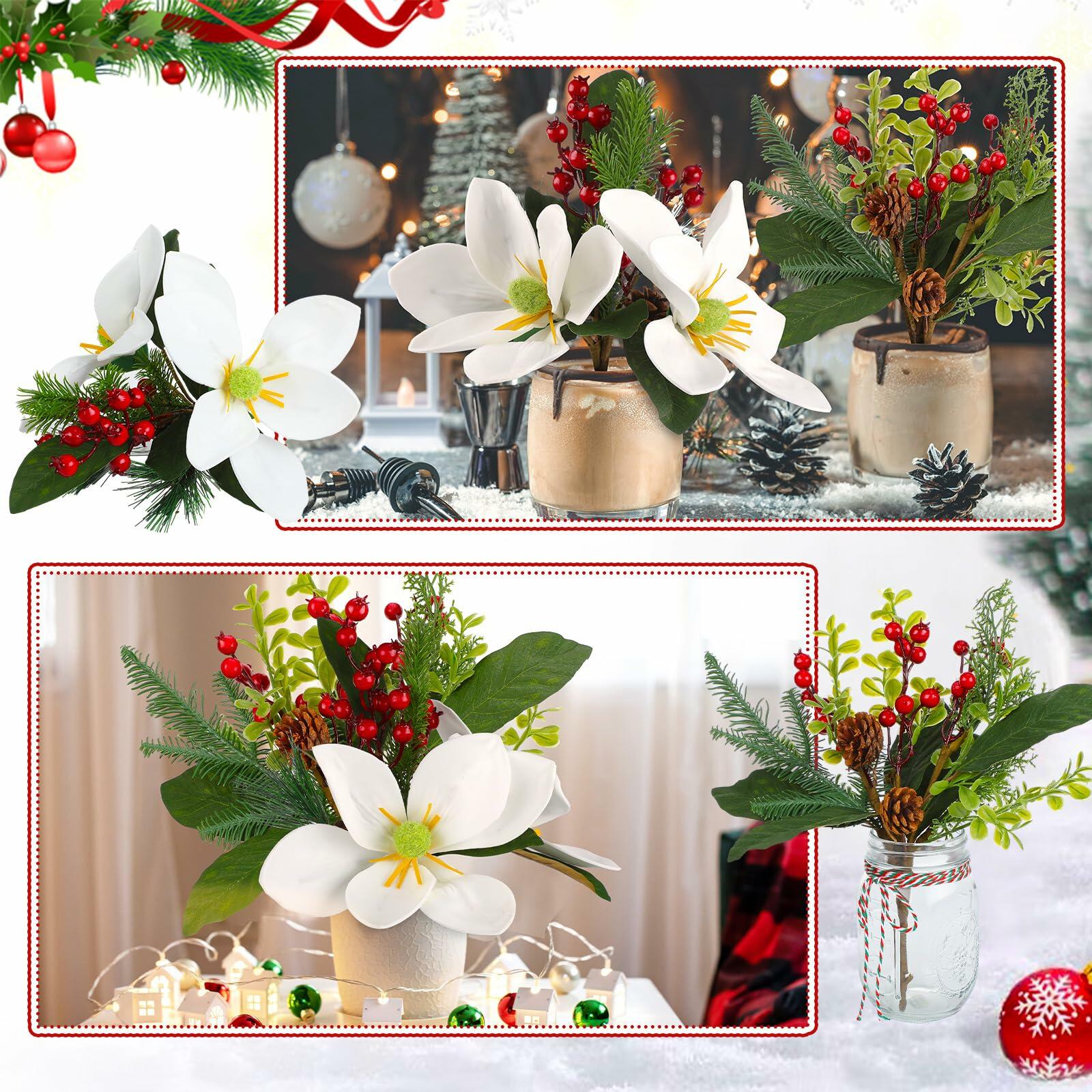 Hotop Christmas Floral Picks 16in Magnolia Pine Berry Branches 4 Pcs