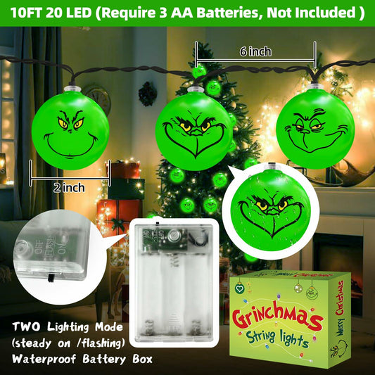 ZOSTA 10ft 20 LED Grinch Christmas Lights Battery Powered Green