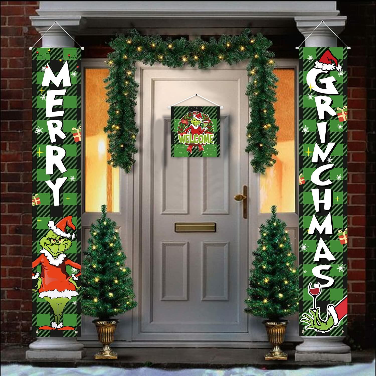 Griinchs Christmas Banner Set of 3 Indoor Outdoor Xmas Porch Wall Decor