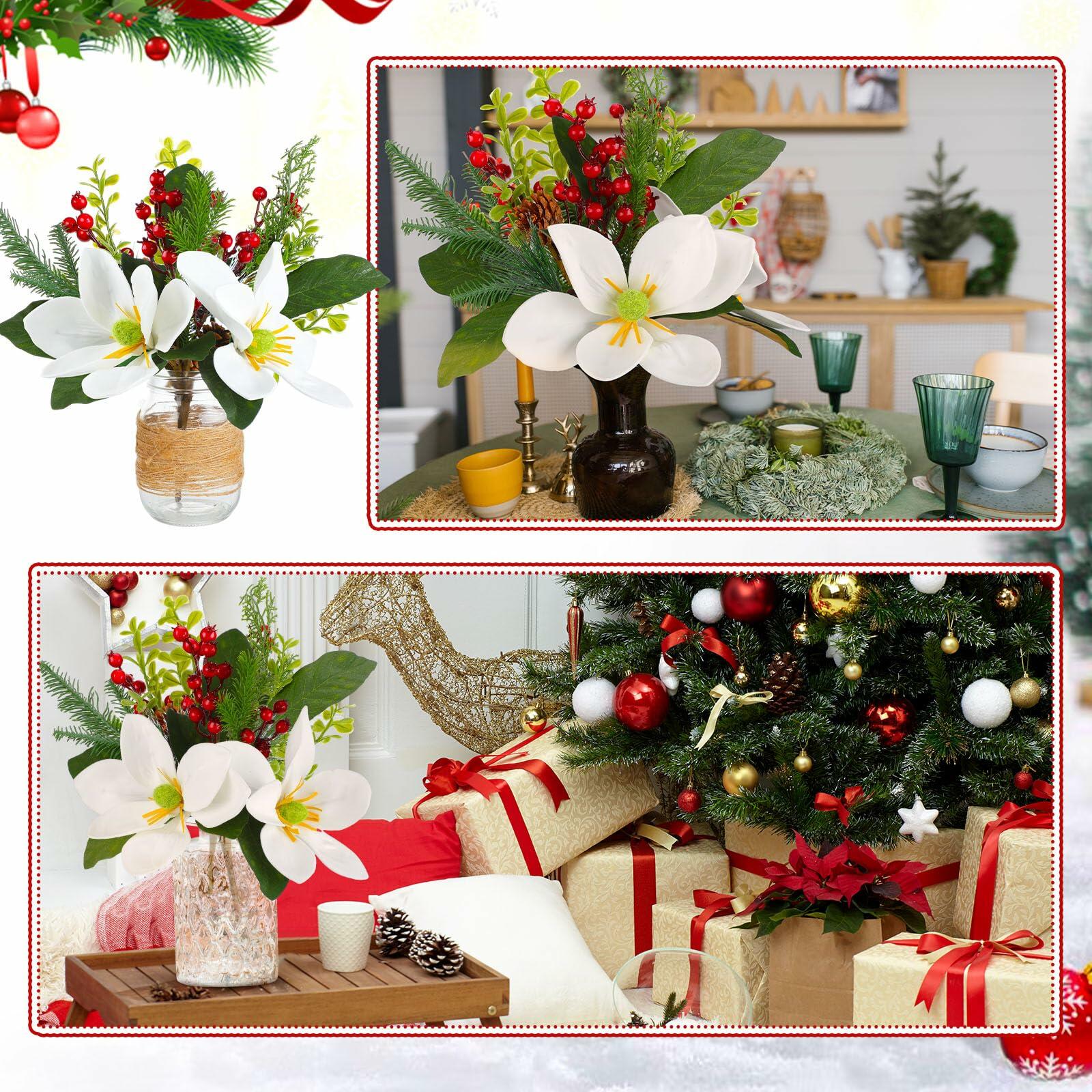 Hotop Christmas Floral Picks 16in Magnolia Pine Berry Branches 4 Pcs