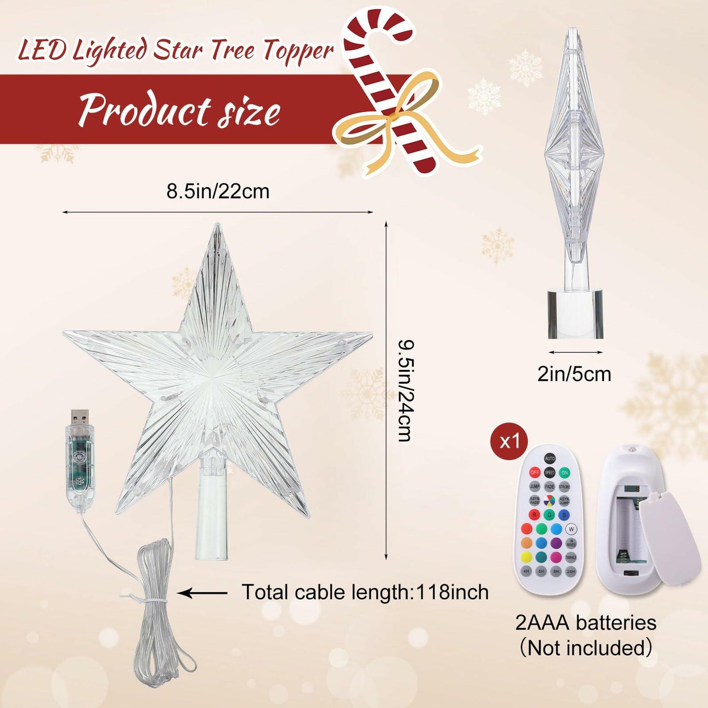Riakrum Christmas Star Tree Topper Lights 9.5in USB Remote Multicolor 2pcs