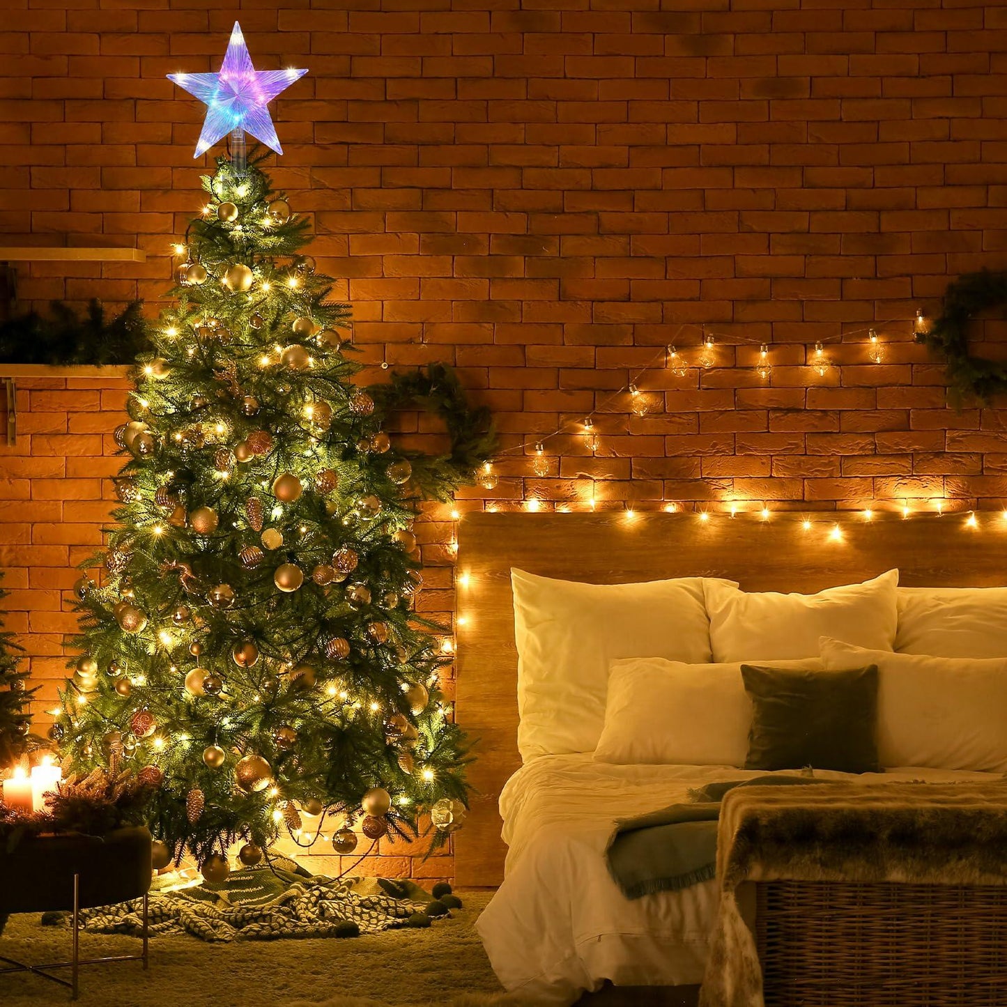 Riakrum Christmas Star Tree Topper Lights 9.5in USB Remote Multicolor 2pcs