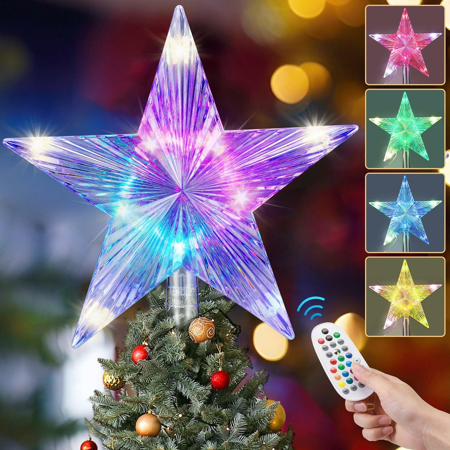 Riakrum Christmas Star Tree Topper Lights 9.5in USB Remote Multicolor 2pcs