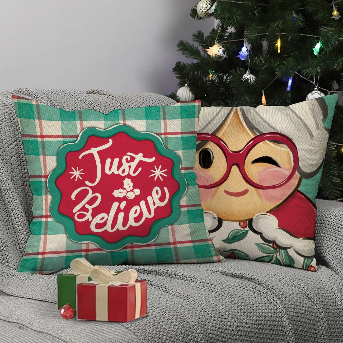 Fjfz Christmas Santa Mrs Claus Throw Pillow Covers 16x16 Green Set of 4