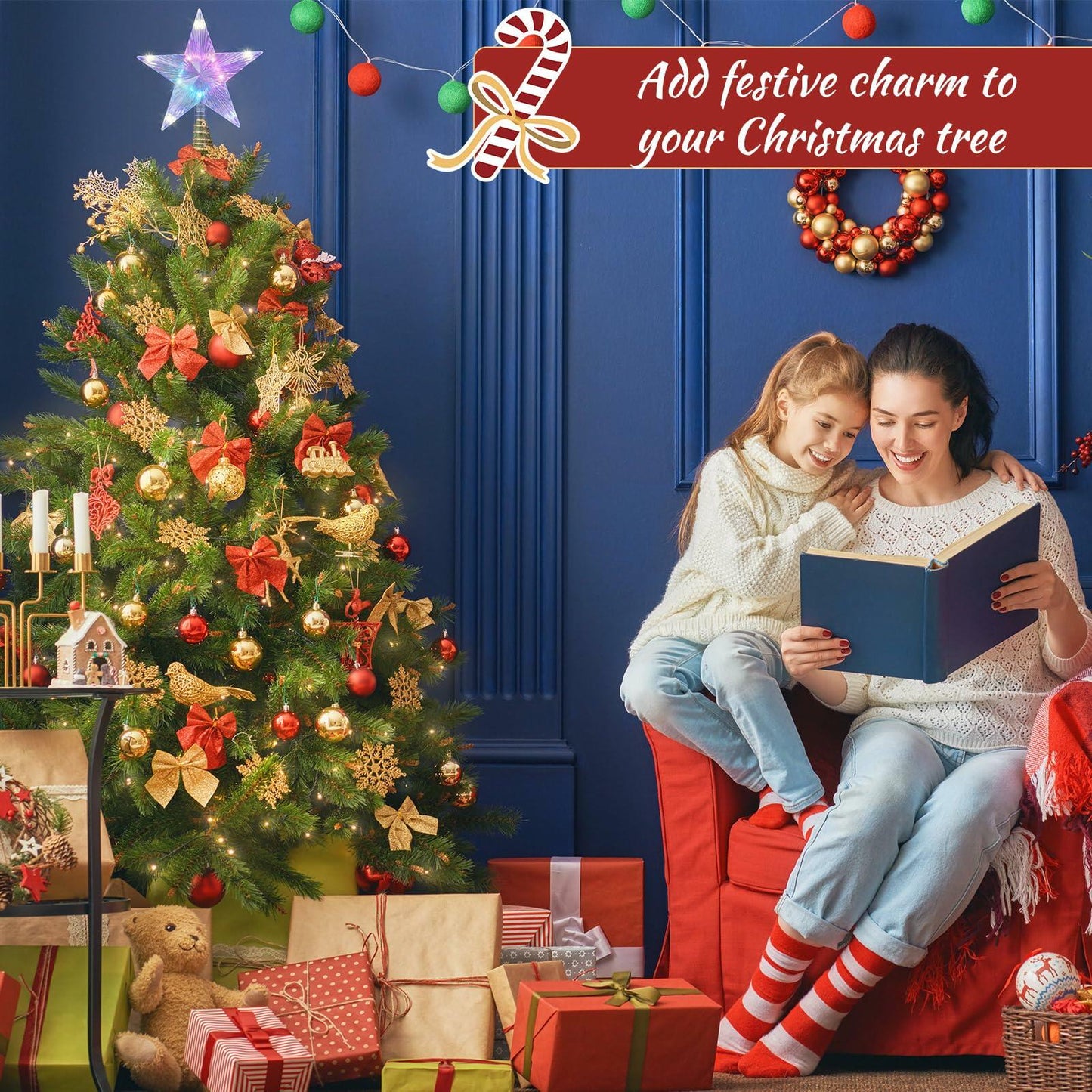 Riakrum Christmas Star Tree Topper Lights 9.5in USB Remote Multicolor 2pcs