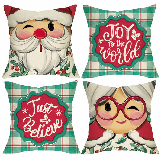 Fjfz Christmas Santa & Mrs Claus Throw Pillow Covers Green 18x18 Set of 4