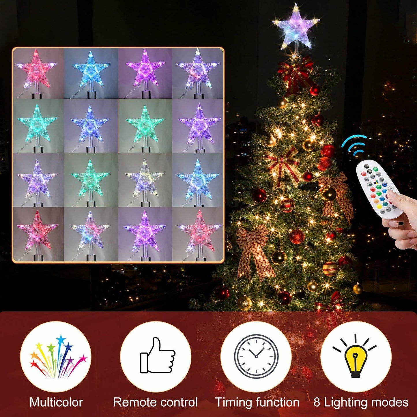 Riakrum Christmas Star Tree Topper Lights 9.5in USB Remote Multicolor 2pcs