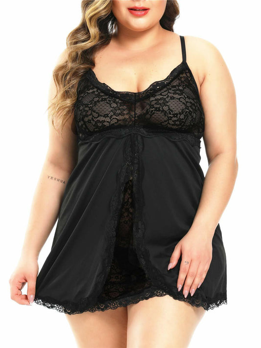 FlatterMe Plus Size Lace Babydoll Chemise V Neck Backless Halter Black Size 4XL