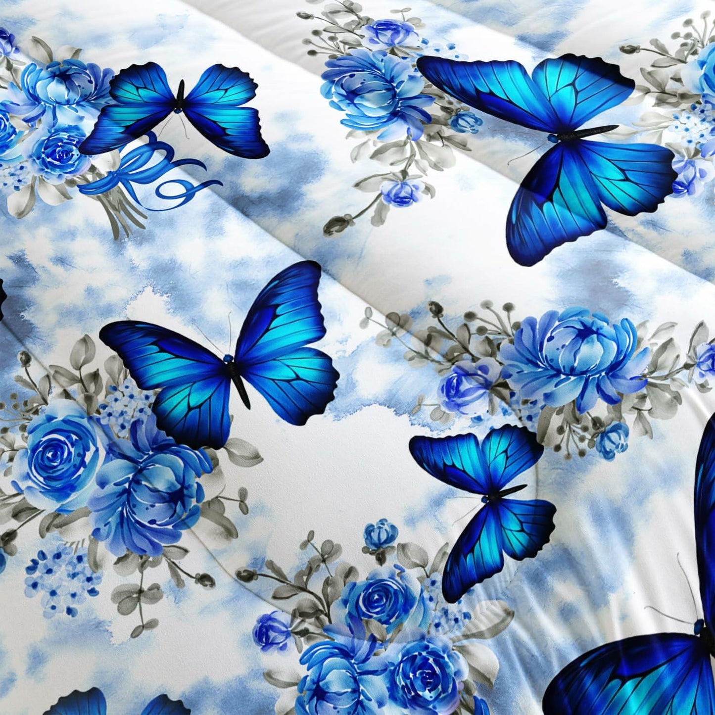 AILONEN Blue Butterfly Tie Dye Floral Comforter Set Twin 3-Piece