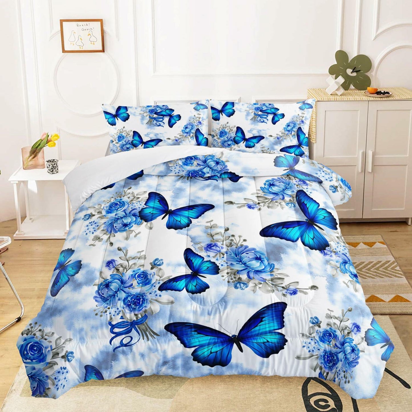 AILONEN Blue Butterfly Tie Dye Floral Comforter Set Twin 3-Piece