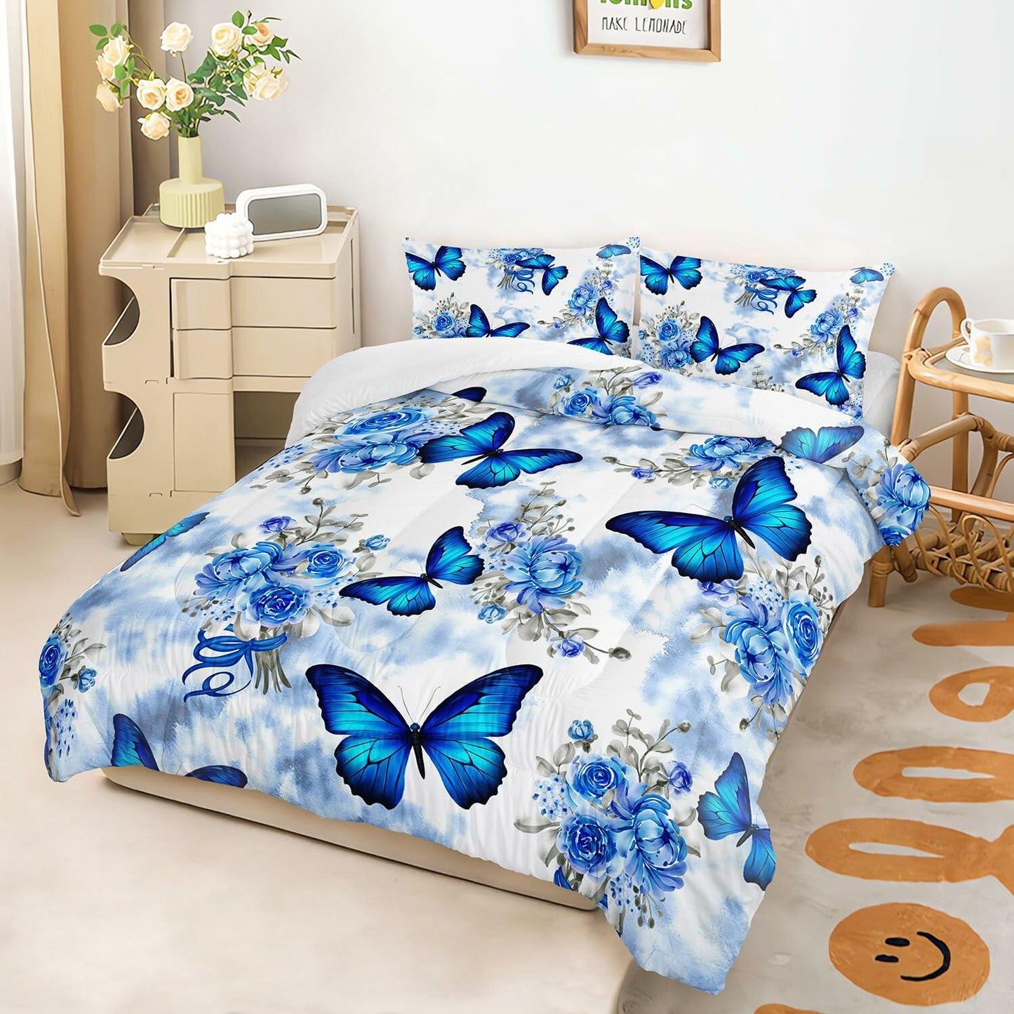 AILONEN Blue Butterfly Tie Dye Floral Comforter Set Twin 3-Piece