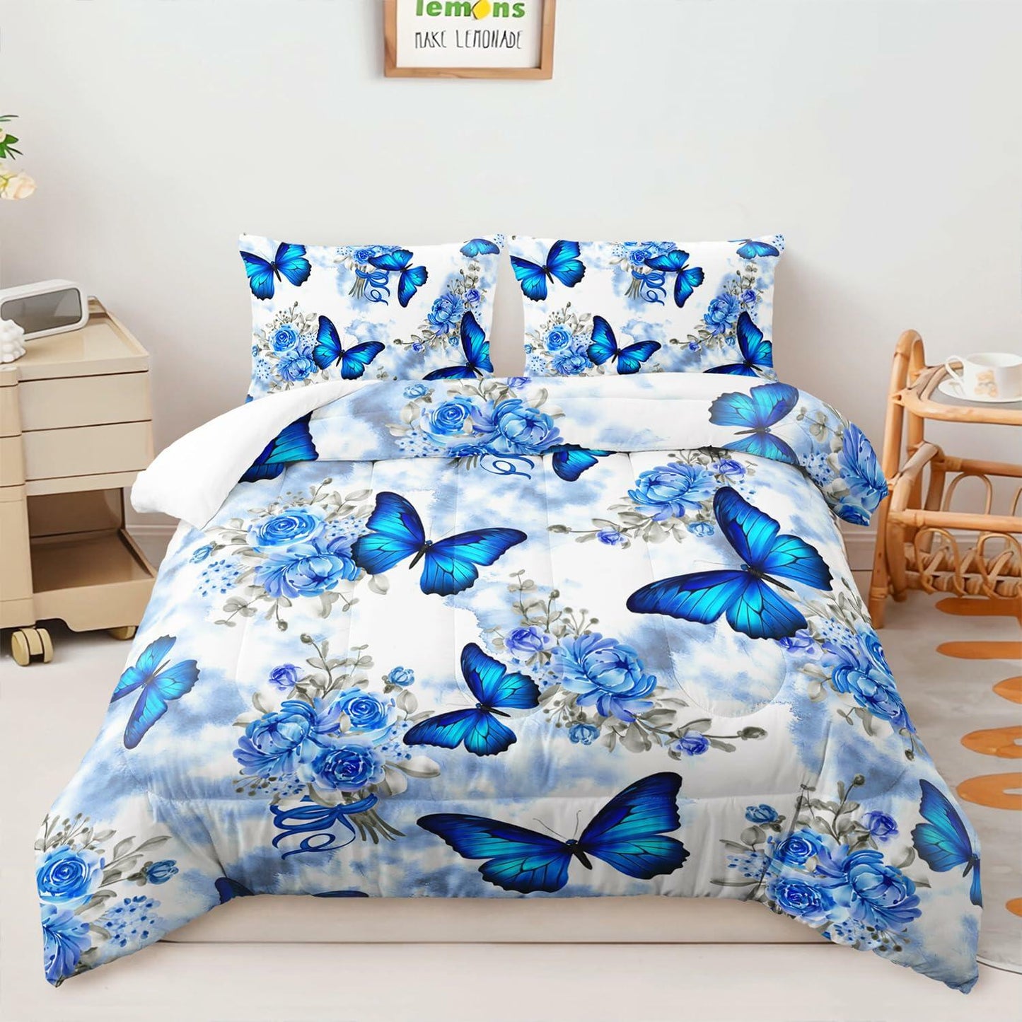 AILONEN Blue Butterfly Tie Dye Floral Comforter Set Twin 3-Piece
