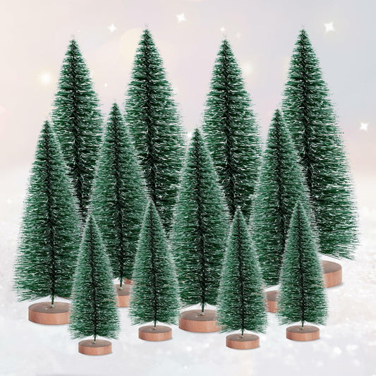 12 Pcs Mini Christmas Trees with Wooden Bases, 3 Sizes, Green Snow Decor