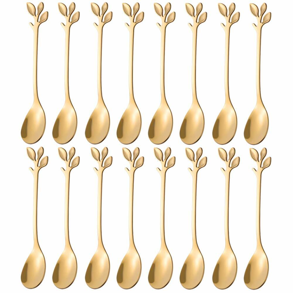 AnSaw 16-Pack Elegant Gold Leaf 4.7" Espresso Spoons Stainless Steel Mini