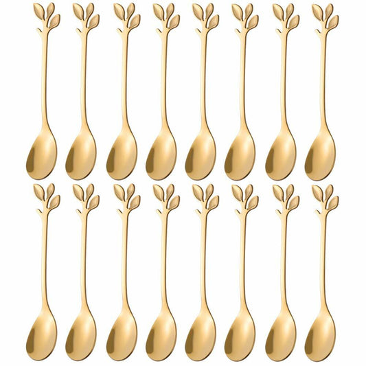 AnSaw 16-Pack Elegant Gold Leaf 4.7" Espresso Spoons Stainless Steel Mini