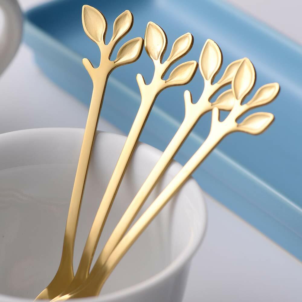 AnSaw 16-Pack Elegant Gold Leaf 4.7" Espresso Spoons Stainless Steel Mini