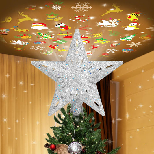 PliMook Christmas Tree Topper LED 3D Glitter Rotating Silver Star Light