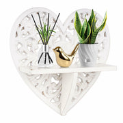 Multipurpose Floating Wall Shelf with Key Hooks Heart-Shaped 12" Vintage White