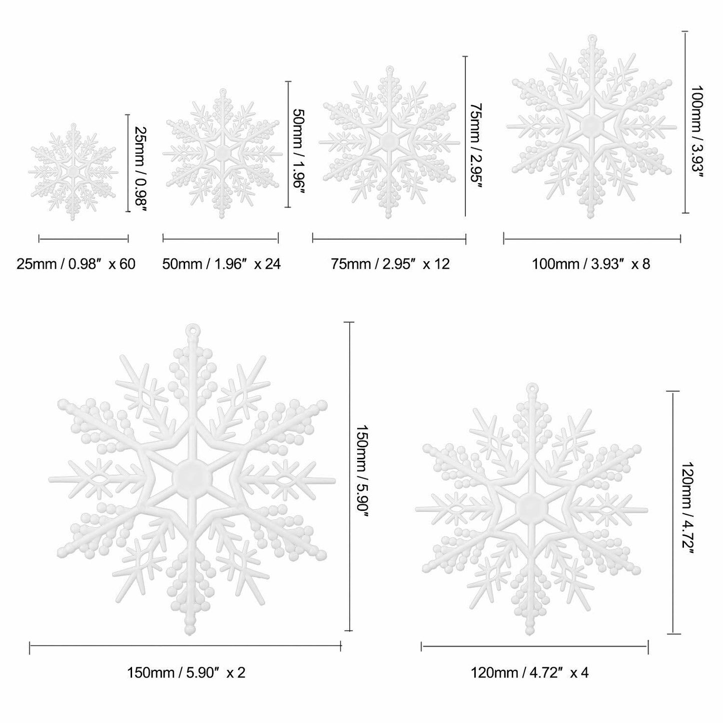 Tmflexe 110 Pcs White Plastic Snowflake Ornaments 6 Sizes Christmas Decor