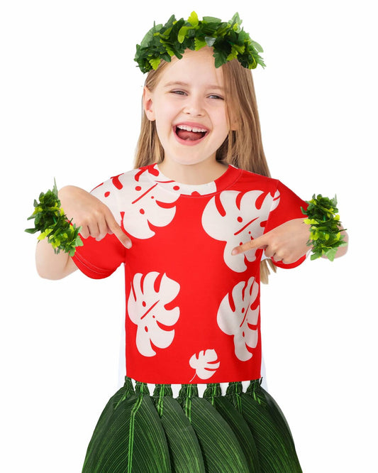 Toulite Halloween Girl Hawaiian Luau Costume Red Leaf T-Shirt Headband Anklet