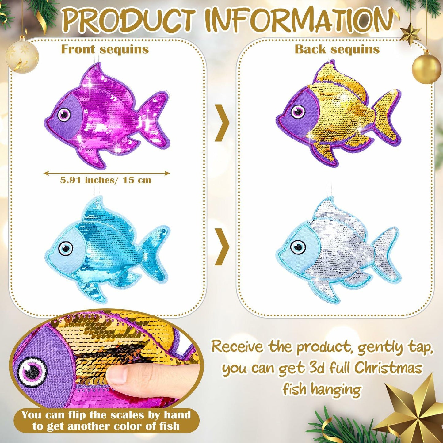 Suzile Christmas Fishing Ornaments 4 Pc Large Glitter Fish Coastal Blue