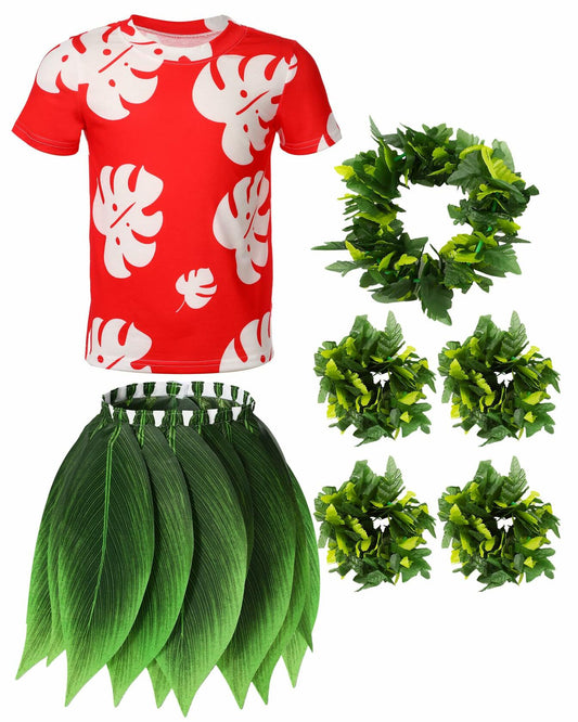 Toulite Halloween Girl Hawaiian Luau Costume Red Leaf T-Shirt Headband Anklet