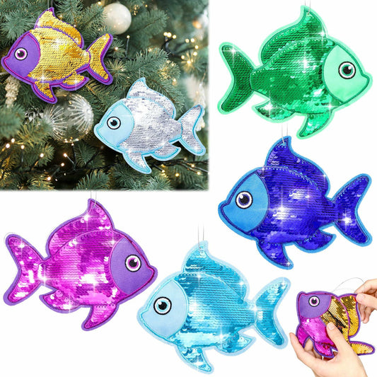 Suzile Christmas Fishing Ornaments 4 Pc Large Glitter Fish Coastal Blue
