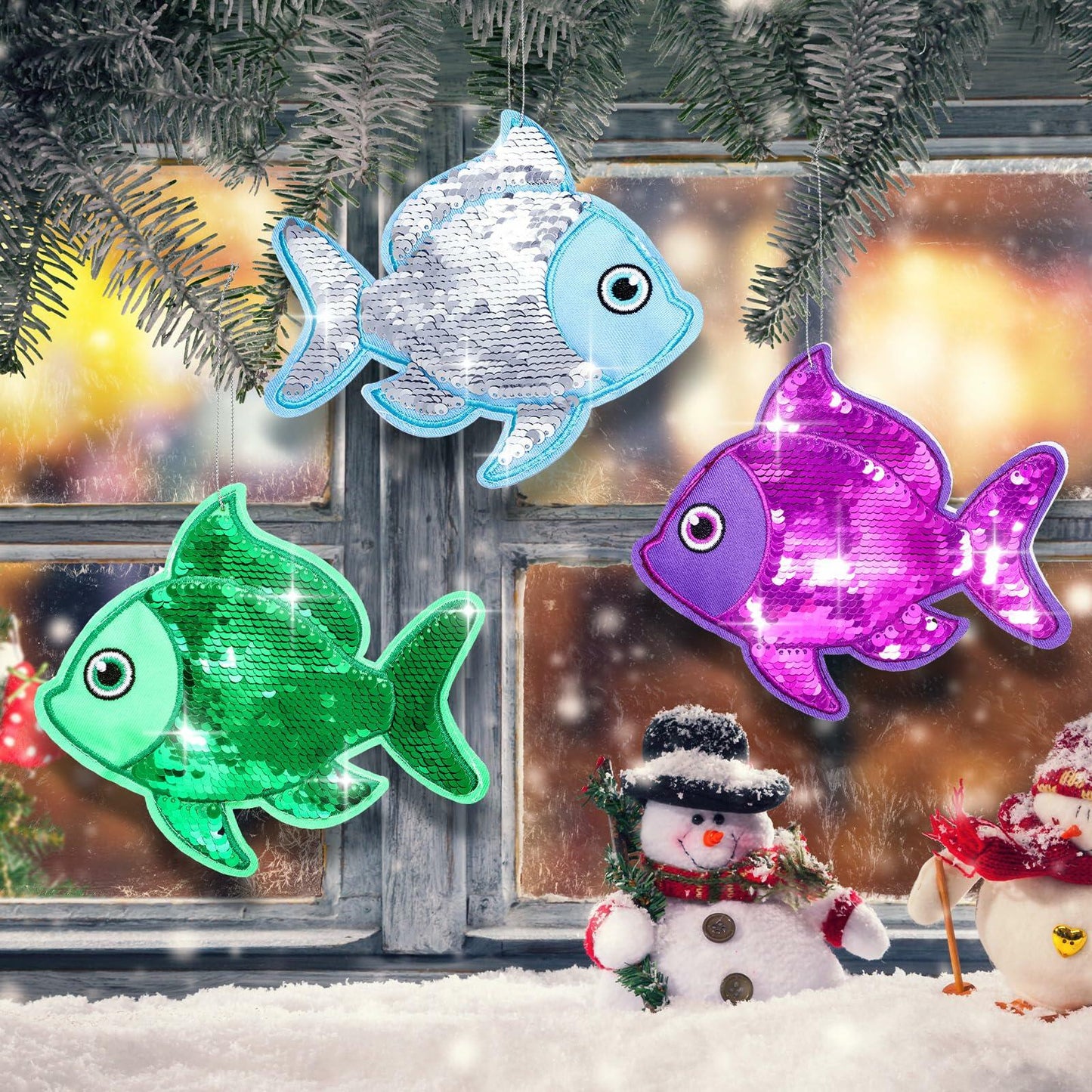 Suzile Christmas Fishing Ornaments 4 Pc Large Glitter Fish Coastal Blue