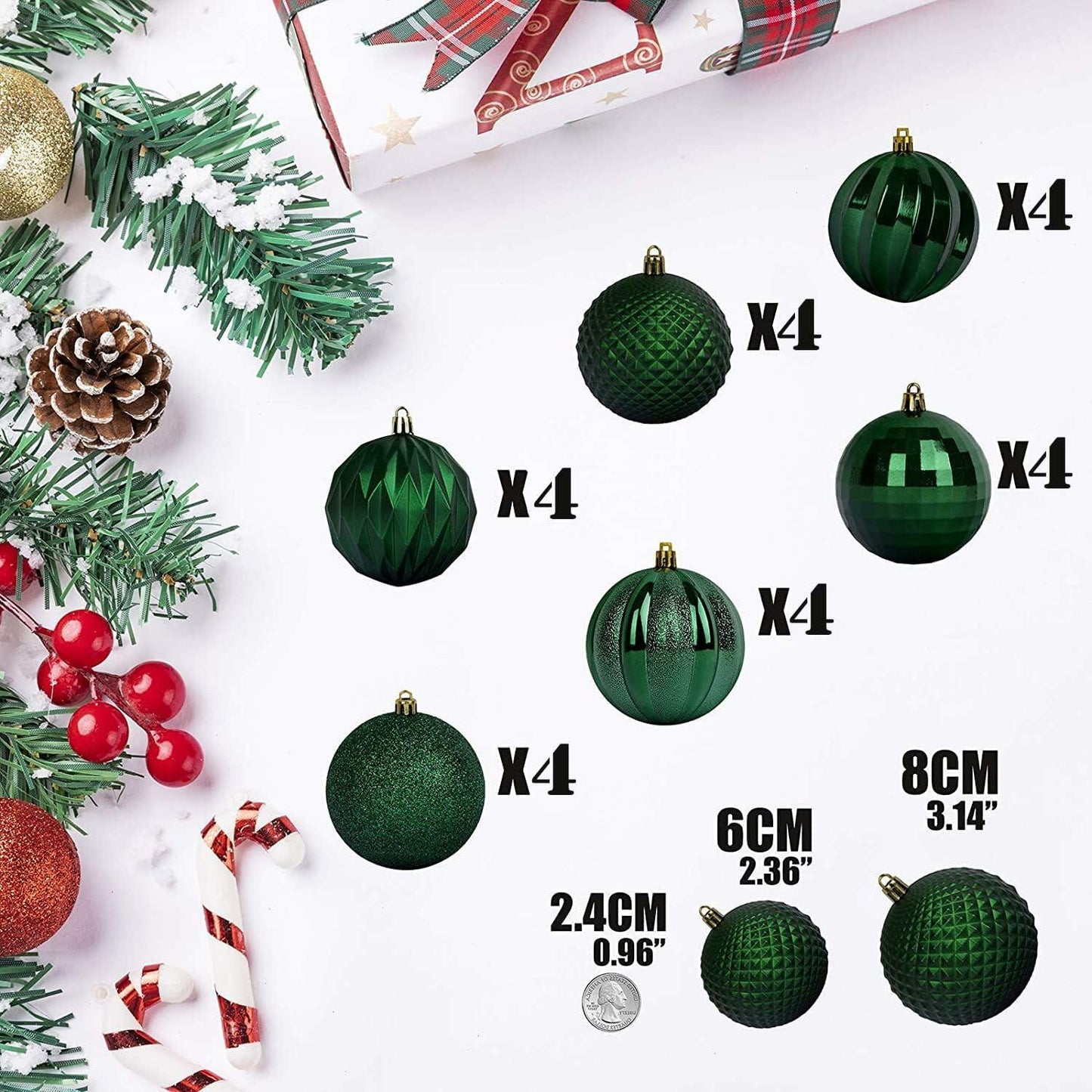 Emopeak 12Pcs Shatterproof Christmas Tree Ornaments 3.15in Dark Green