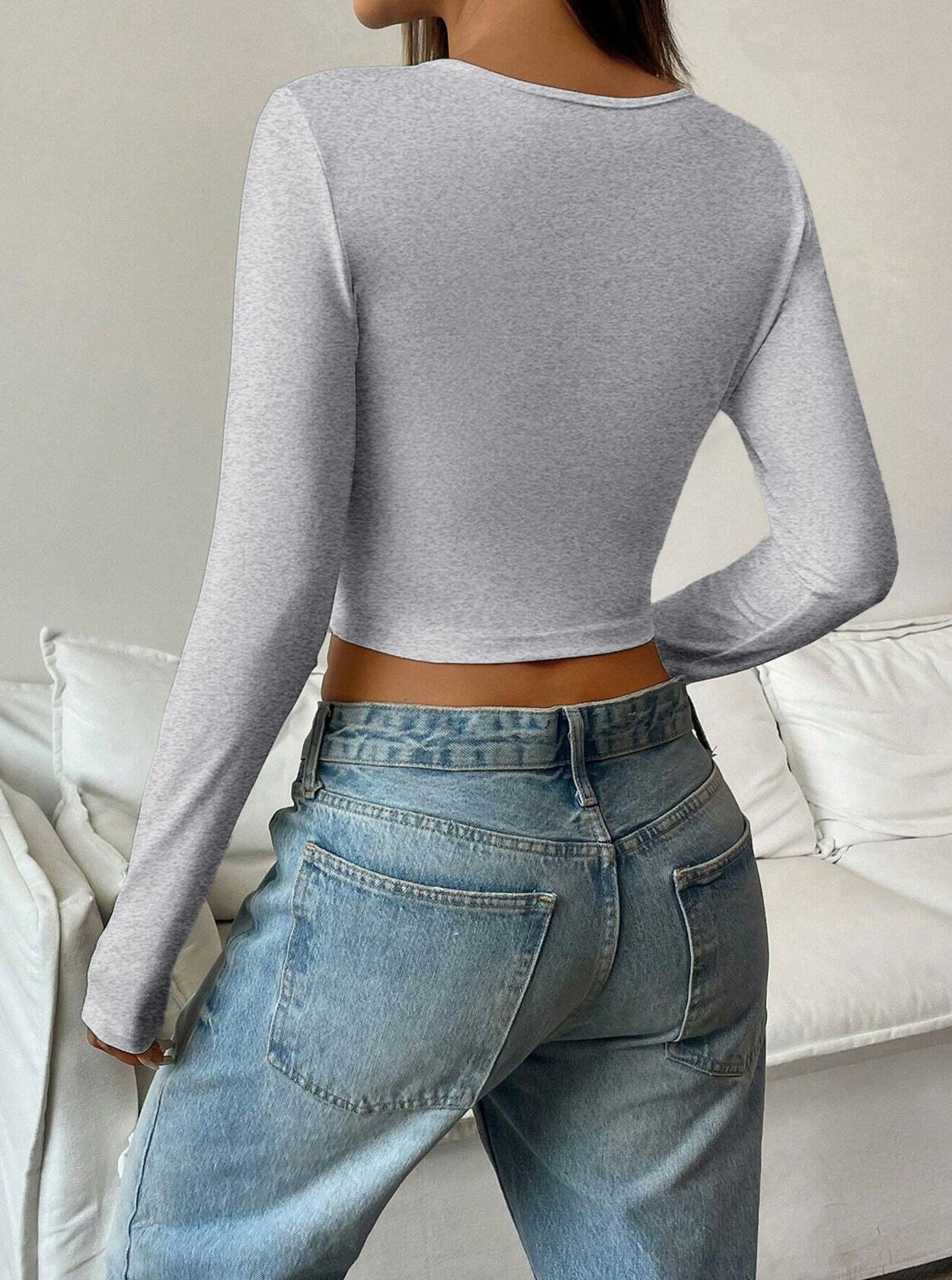 LovelyWholesale Womens Long Sleeve V Neck Crop Top Grey Size Large