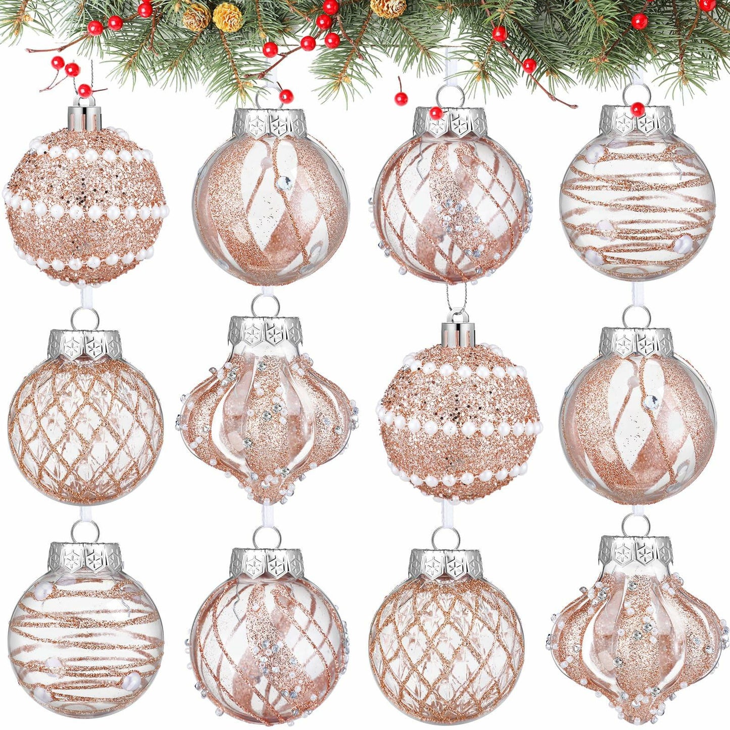 12 Pack White Glitter Christmas Ball Ornaments 2.36in Plastic Xmas Decor