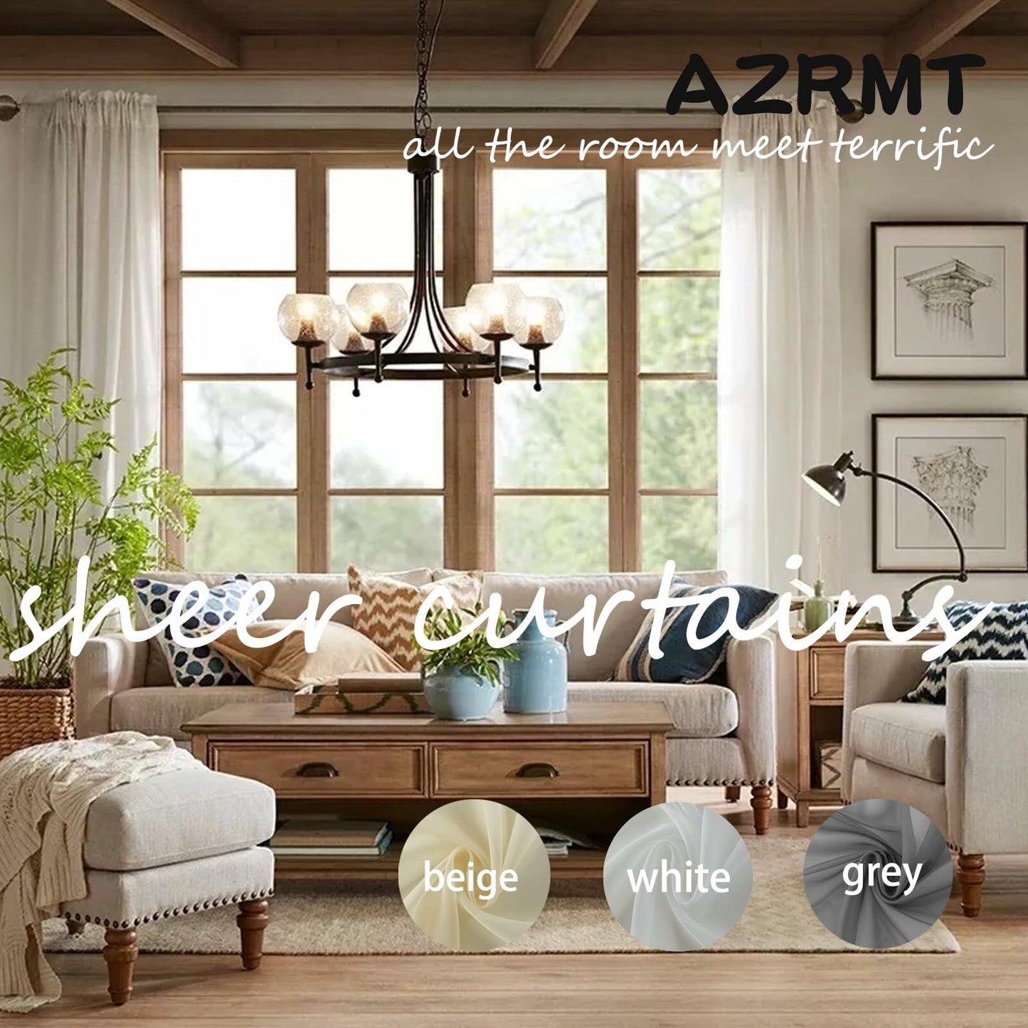AZRMT Curtains 2 Panels 37x63in Light Filtering Sheer Rod Pocket Soft Beige